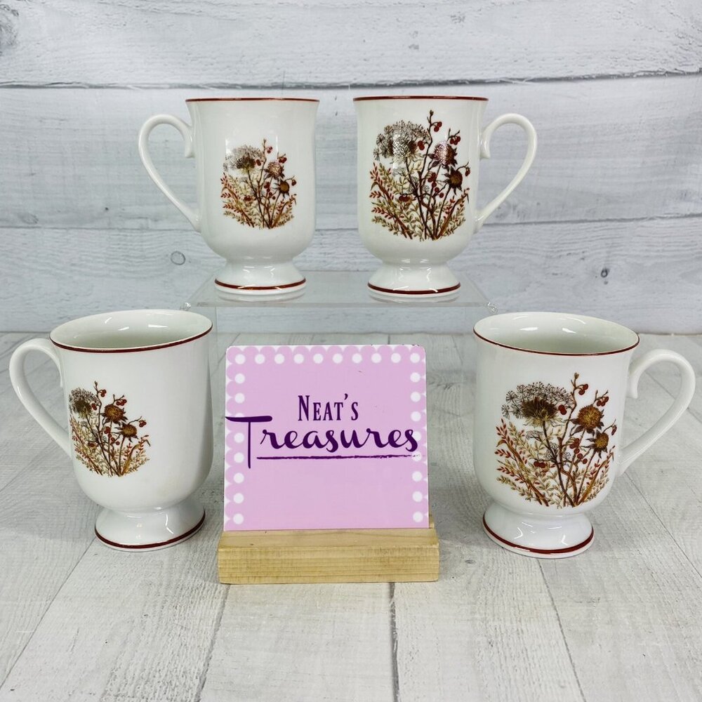 Vintage Japan Bramble FANCI FLORAL Rust Flowers Pedestal Porcelain Mugs Set of 4